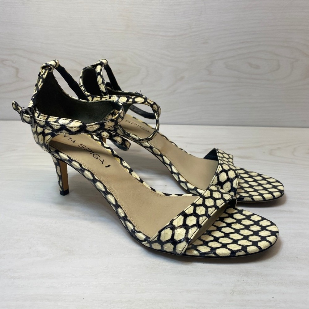 Via Spiga Womens 8M Sandals‎ Kitten Heel Black Leather Snakeskin Print Strappy